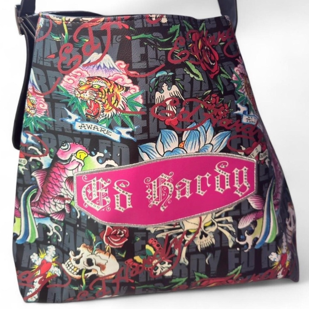 Ed Hardy Black Multicolor Tattoo-Print Shoulder Bag with Pink Logo Panel